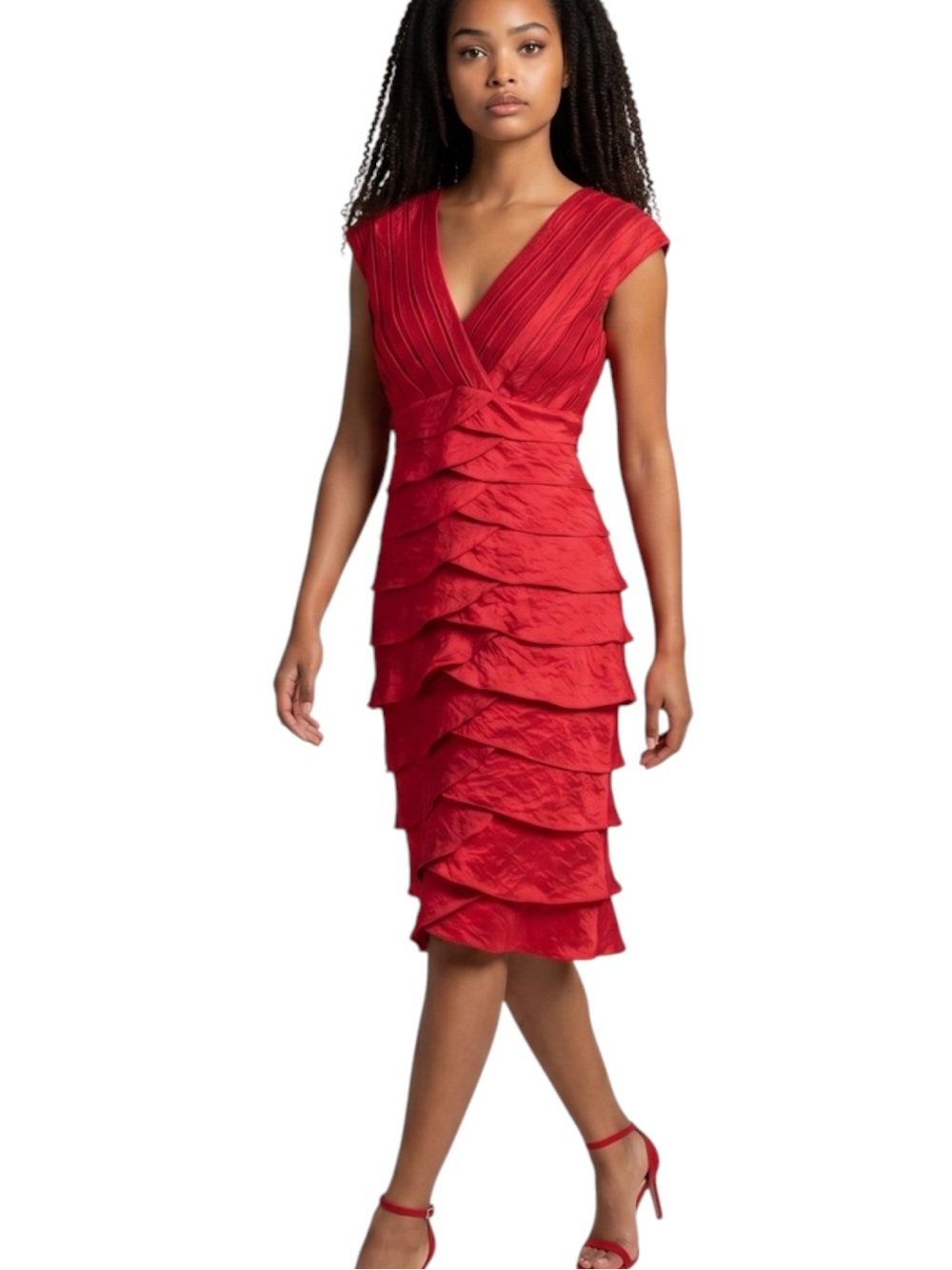 Adrianna Papell Red V-Neck Tiered Ruffle Midi Dress